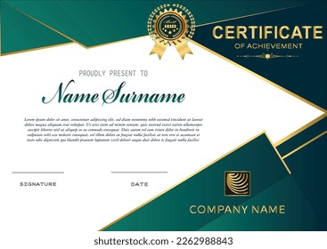 Certificate of achievement template, dark green and gold color. luxury and modern line pattern.  vector template