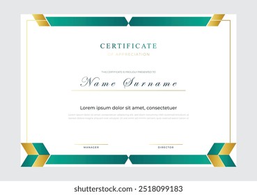 Certificado de design de modelo de conquista, Modelo de Design Elegante Certificado Realização de Fundo Branco, moderno elegante modelo de certificado verde e dourado