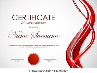Certificate of achievement template with digital red dynamic curved wavy background and seal. Vector illustration