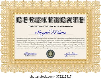 Certificate of achievement template. Diploma of completion. With guilloche pattern and background. Money design. Orange color.