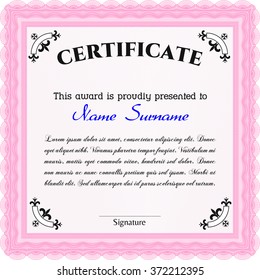 Certificate of achievement template. Diploma of completion. With guilloche pattern and background. Money design. Pink color.