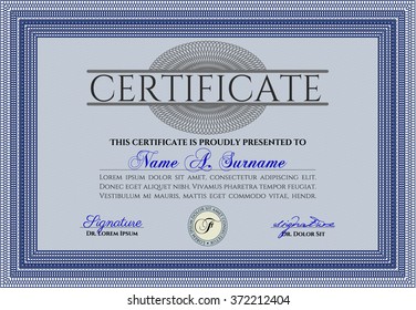 Plantilla de certificado de progreso. Diploma de terminación. Con patrón de guilloche y fondo. Diseño de dinero. Color azul.