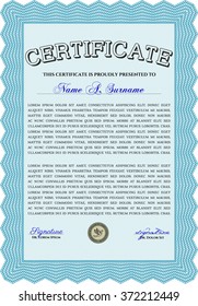 Certificate of achievement template. Diploma of completion. With guilloche pattern and background. Money design. Light blue color.