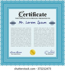 Certificate of achievement template. Diploma of completion. With guilloche pattern and background. Money design. Light blue color.