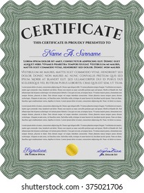 Certificate of achievement template. Diploma of completion. With guilloche pattern and background. Money design. Green color.