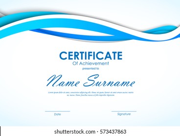 Certificate of achievement template with dynamic blue wavy bent smooth lines background. Vector illustration