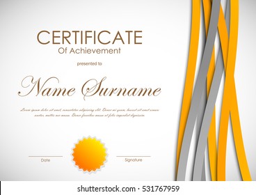 Certificate of achievement template with dynamic orange and gray bent weaving wavy background and seal. Vector illustration