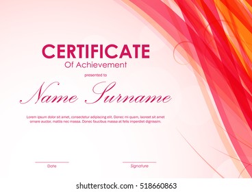 Certificate of achievement template with dynamic red and orange bright lines background. Vector illustration