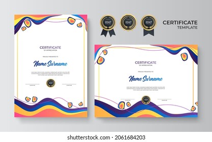 Certificate of achievement template. Elegant blue and orange diploma certificate template. Certificate border template with luxury and modern line pattern. Diploma vector template