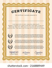 Certificate of achievement template.  Elegant design.  With complex background.    Orange color.