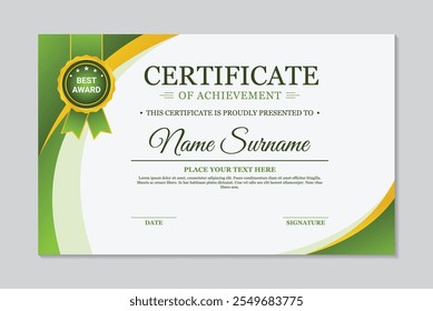 Certificado de modelo de realização design de forma curvada de ouro verde elegante, modelo de diploma moderno, verde e branco