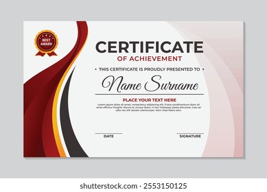Certificate of Achievement Template Elegant Wave Design Red Yellow Gradient, modern red and gold certificate template