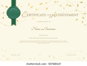 Certificate of achievement template in environment theme with green wax seal and award ribbon and flying leaf