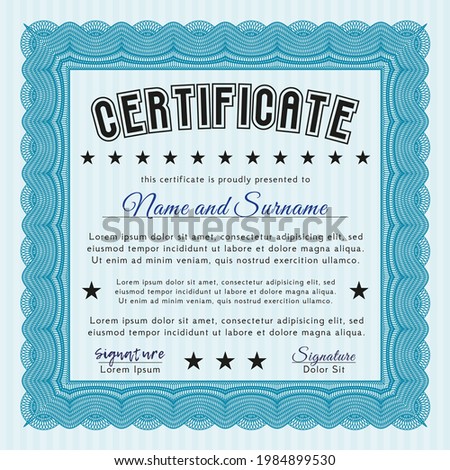 Certificate of achievement template.  Excellent design.  With guilloche pattern.    Light blue color.