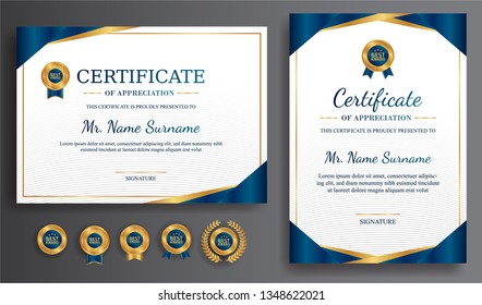 Certificate of achievement template, gold and blue color. Clean modern certificate with gold badge. Certificate border template with luxury and modern line pattern. Diploma vector template