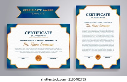 Certificate of achievement template, gold and blue color. Diploma certificate of appreciation award Template.