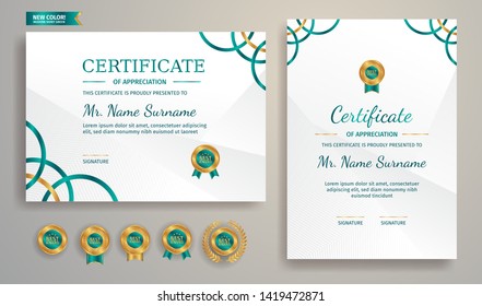 Certificate of achievement template. Gold and green border with luxury and modern line pattern