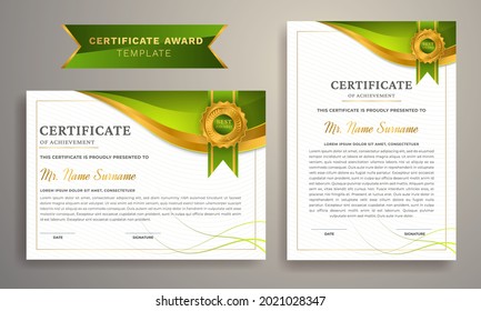 Certificate of achievement template, gold and green color. Diploma vector template. Certificate border with luxury and modern line pattern template. Creative and modern certificate.