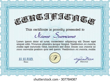 Certificate of achievement template. With great quality guilloche pattern. Sophisticated design. Vector illustration.