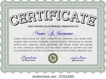 Certificate of achievement template. With guilloche pattern and background. Money design. Diploma of completion. Green color.