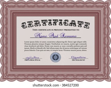Plantilla de certificado de progreso. Con patrón de guilloche y fondo. Diploma de terminación. Diseño sofisticado. Color rojo.
