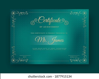 Certificate Of Achievement Template Layout in Golden and Teal Green Color.