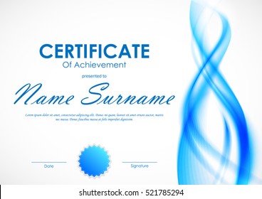 Certificate of achievement template with light blue transparent wavy smoky soft background and seal. Vector illustration