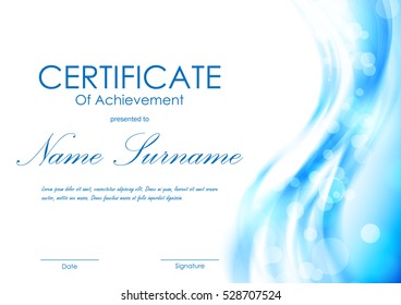 Certificate of achievement template with light blue transparent wavy blurred soft background. Vector illustration