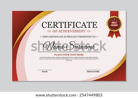 Certificate of achievement template modern red and gold curved design on white background, professional modern red gold and black certificate template design