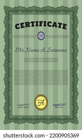 Certificate of achievement template.  Money design.  With guilloche pattern.  Detailed.  Green color.