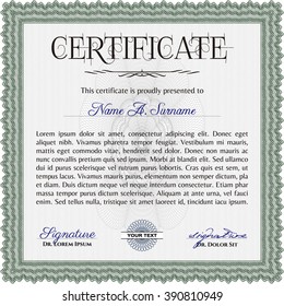 Certificate of achievement template. Money design. With guilloche pattern and background. Diploma of completion. Green color.