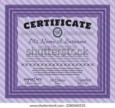 Certificate of achievement template.  Money Pattern design.  Complex background.    Violet color.