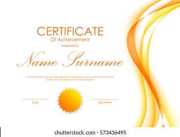 Certificate of achievement template with orange curved smooth wavy background and seal. Vector illustration