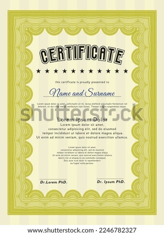 Certificate of achievement template.  Perfect design.  With guilloche pattern.  Customizable, Easy to edit and change colors.  Yellow color.