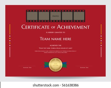 Certificate of achievement template with photo space in movie film frame on red background 
