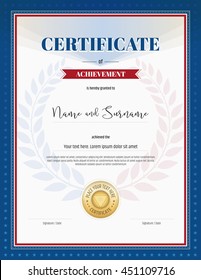 Certificate of achievement template in portrait with red and blue border, laurel background and gold seal