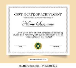 Certificate of achievement template. Professional certificate design with creative border decoration and vintage colors. Certificate template with elegant corner frame and certificate of achievement.