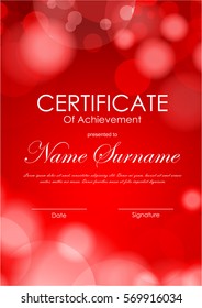 Certificate of achievement template with red blurred bright background. Vector illustration