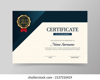 Certificate Of Achievement Template With Rhombus Pattern In Blue And White Color.