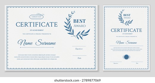 Certificate of achievement template set in blue. Professional vector award diploma in horizontal and vertical orientations with laurel wreath and guilloche pattern for business and education.