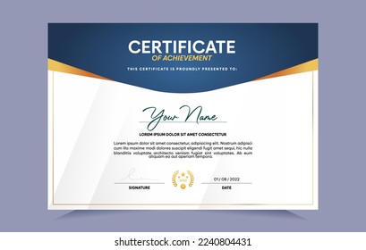 Plantilla de certificado de logro con insignia de oro. Para las necesidades de premios, negocios y educación. Ilustración vectorial