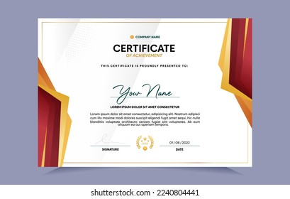 Plantilla de certificado de logro con insignia de oro. Para las necesidades de premios, negocios y educación. Ilustración vectorial