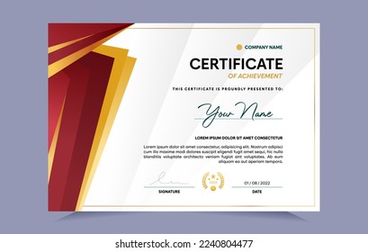 Plantilla de certificado de logro con insignia de oro. Para las necesidades de premios, negocios y educación. Ilustración vectorial