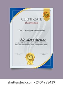 Certificate of achievement template set with gold badge and border, Appreciation and Achievement Certificate Template Design. Elegant diploma certificate template