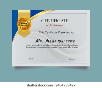 Certificate of achievement template set with gold badge and border, Appreciation and Achievement Certificate Template Design. Elegant diploma certificate template