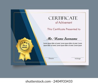 Certificate of achievement template set with gold badge and border, Appreciation and Achievement Certificate Template Design. Elegant diploma certificate template