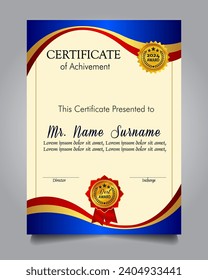 Certificate of achievement template set with gold badge and border, Appreciation and Achievement Certificate Template Design. Elegant diploma certificate template