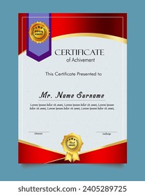 Certificate of achievement template set with gold badge and border, Appreciation and Achievement Certificate Template Design. Elegant diploma certificate template