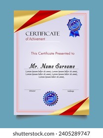 Certificate of achievement template set with gold badge and border, Appreciation and Achievement Certificate Template Design. Elegant diploma certificate template