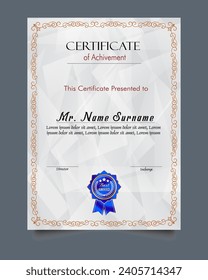 Certificate of achievement template set with gold badge and border, Appreciation and Achievement Certificate Template Design. 